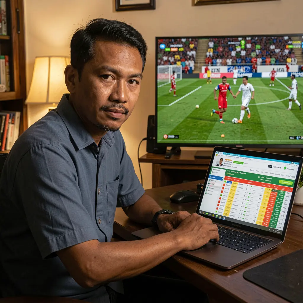 REJEKI789 Bet – Place live soccer bets easily in Indonesia Indonesian sports betting enthusiast placing live soccer bets on a laptop with REJEKI789 while following a match on TV in a cozy home setting