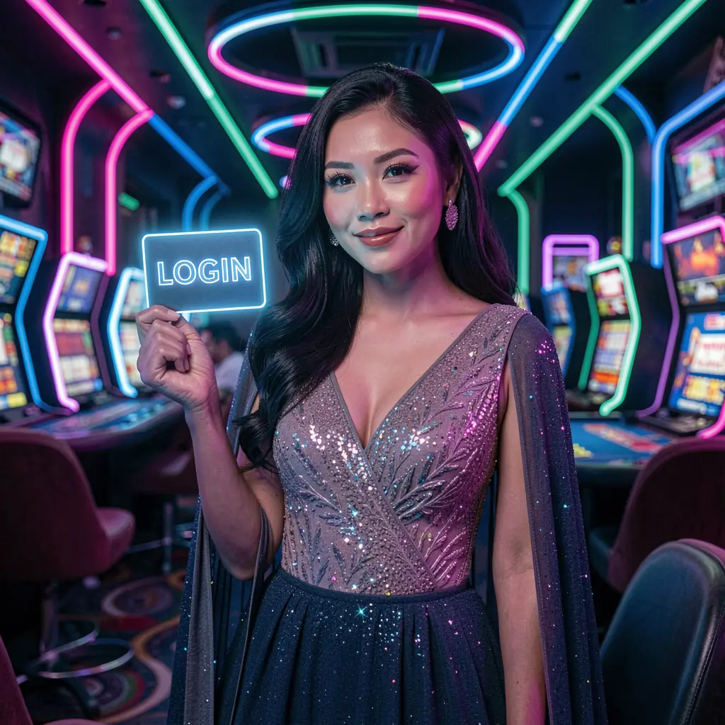 REJEKI789 Login – Safe and smooth access to your gaming account in Indonesia Elegant Indonesian woman holding a glowing login card in a neon casino environment symbolizing secure access to REJEKI789 accounts in Indonesia
