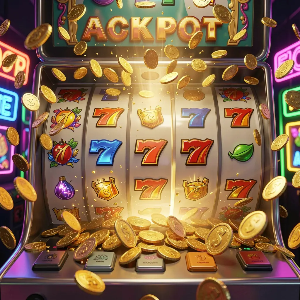 REJEKI789 – Enjoy premium slot entertainment with big win potential Close up of a luxury slot machine showing triple sevens with sparkling coins representing premium online slot entertainment at REJEKI789